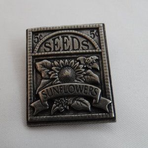 Vintage Sunflower Seeds Packet Pin Brooch Signed Birds & Bloom Signed